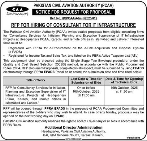Pakistan Civil Aviation Authority Karachi Tender Notice